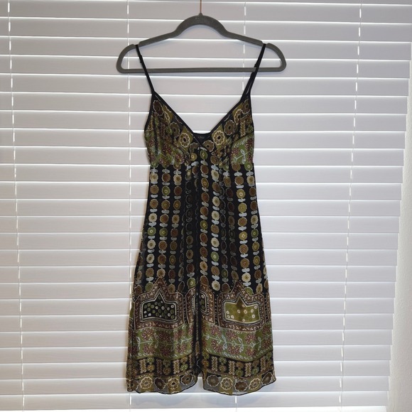 Dresses & Skirts - Vtg Y2K Silk Blend Floral V Neck Babydoll Dress Womens XS Earthy Neutral Floral